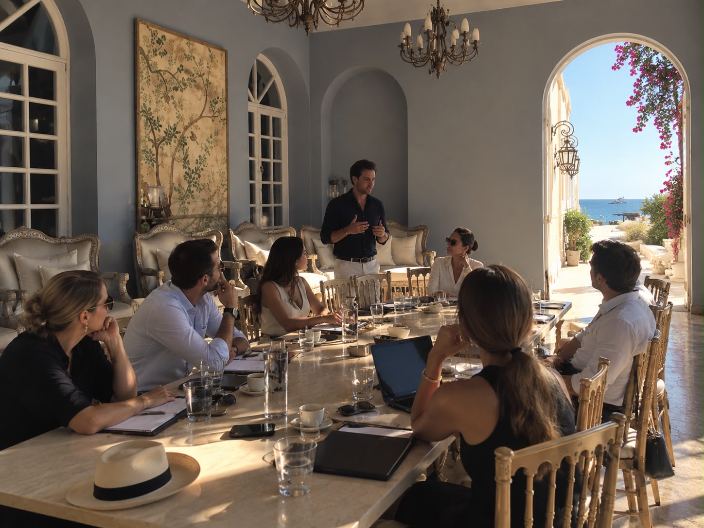 A group exchanging ideas around a shared table