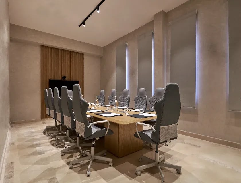 A boardroom prepared for a corporate meeting